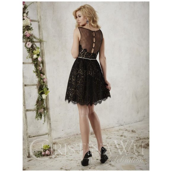 CHRISTINA WU Aubergine Purple Lace Pearl & Diamond Waist Short Formal Dress 12 - Picture 2 of 7